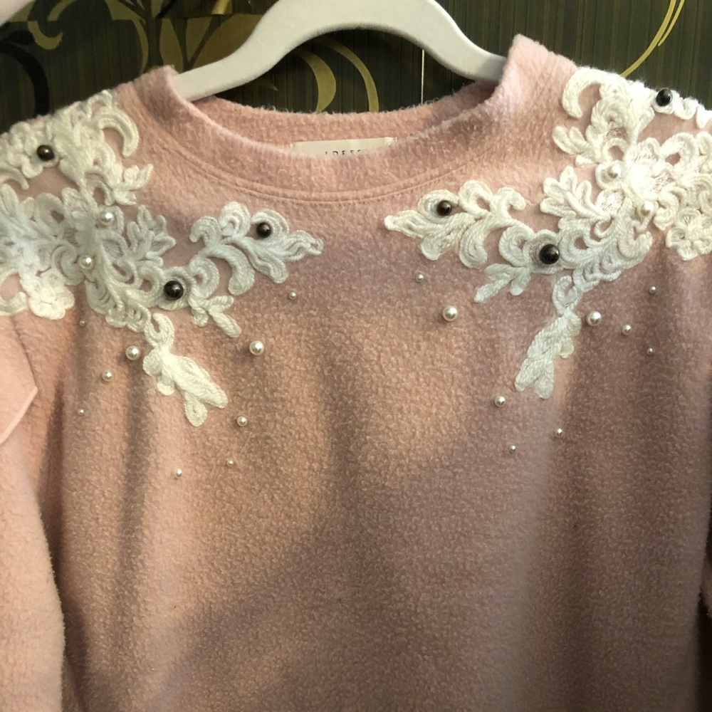 Baby Pink Sweater with Black and White Pearls